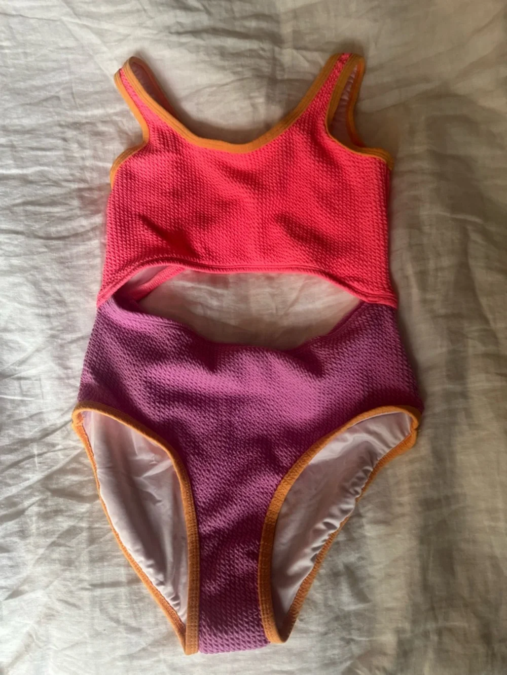 Old Navy Pink and Purple Cutout One-Piece Swimsuit with Orange Trim